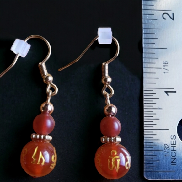 Orange & Gold Carnelian Etched Beaded Handcrafted Earrings - Picture 3 of 4